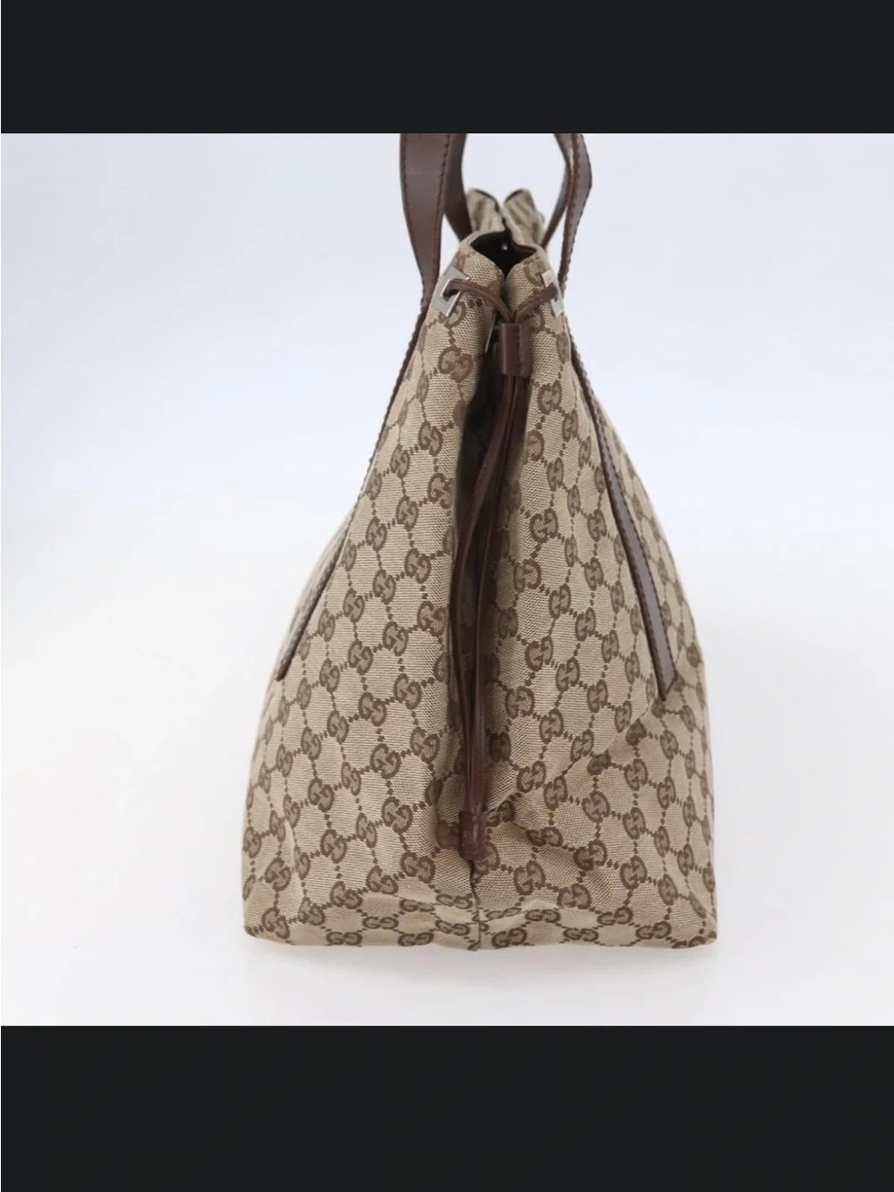 Gucci GG Canvas 019 0493 Beige Brown Leather Shoulder Tote Bag Authentic